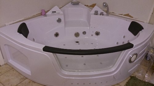 2 Two Person Whirlpool Massage Hydrotherapy White Corner Bathtub Tub with BLUETOOTH UPGRADE, Remote Control, Water Heater, and Shower Wand