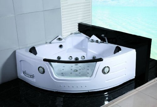 2 Two Person Whirlpool Massage Hydrotherapy White Corner Bathtub Tub with BLUETOOTH UPGRADE, Remote Control, Water Heater, and Shower Wand