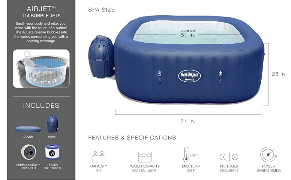 Bestway SaluSpa Hawaii 6 Person Outdoor Inflatable Hot Tub Spa